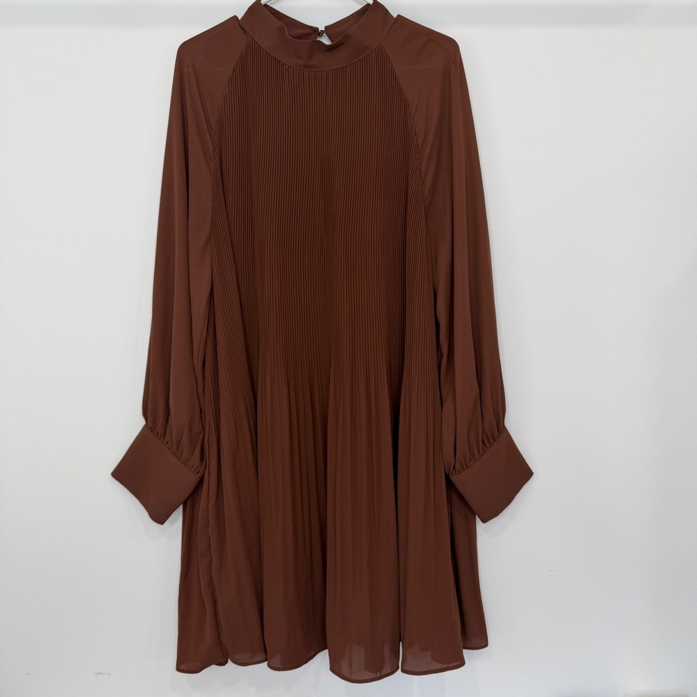 HM Pleated Chiffon Mock Neck Mini Dress Rust Brown XL Long Sleeve Keyhole Back